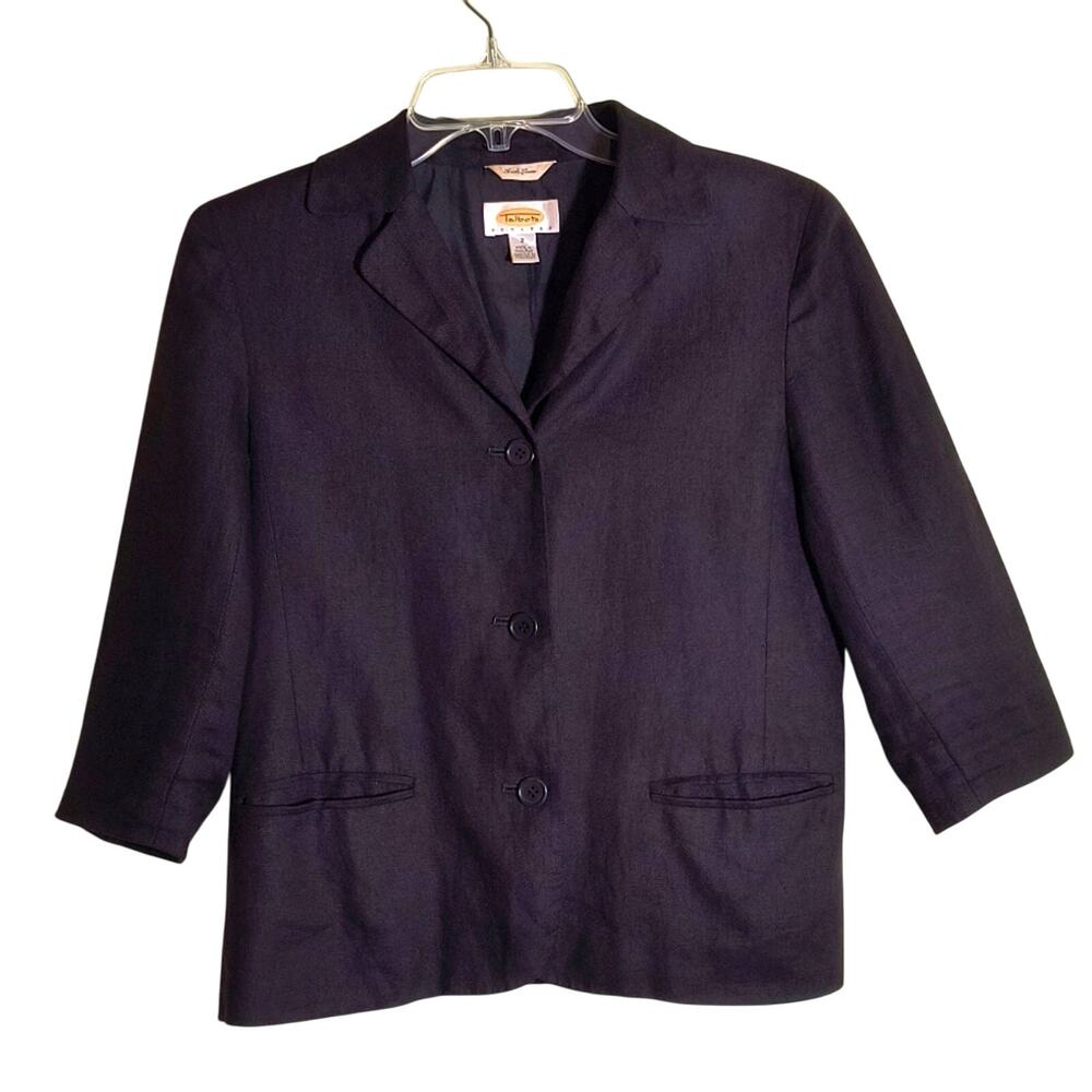 Talbots Irish Linen Blazer Women's Sz 2P Black 3/4 Sleeve 3 Button Jacket Career
